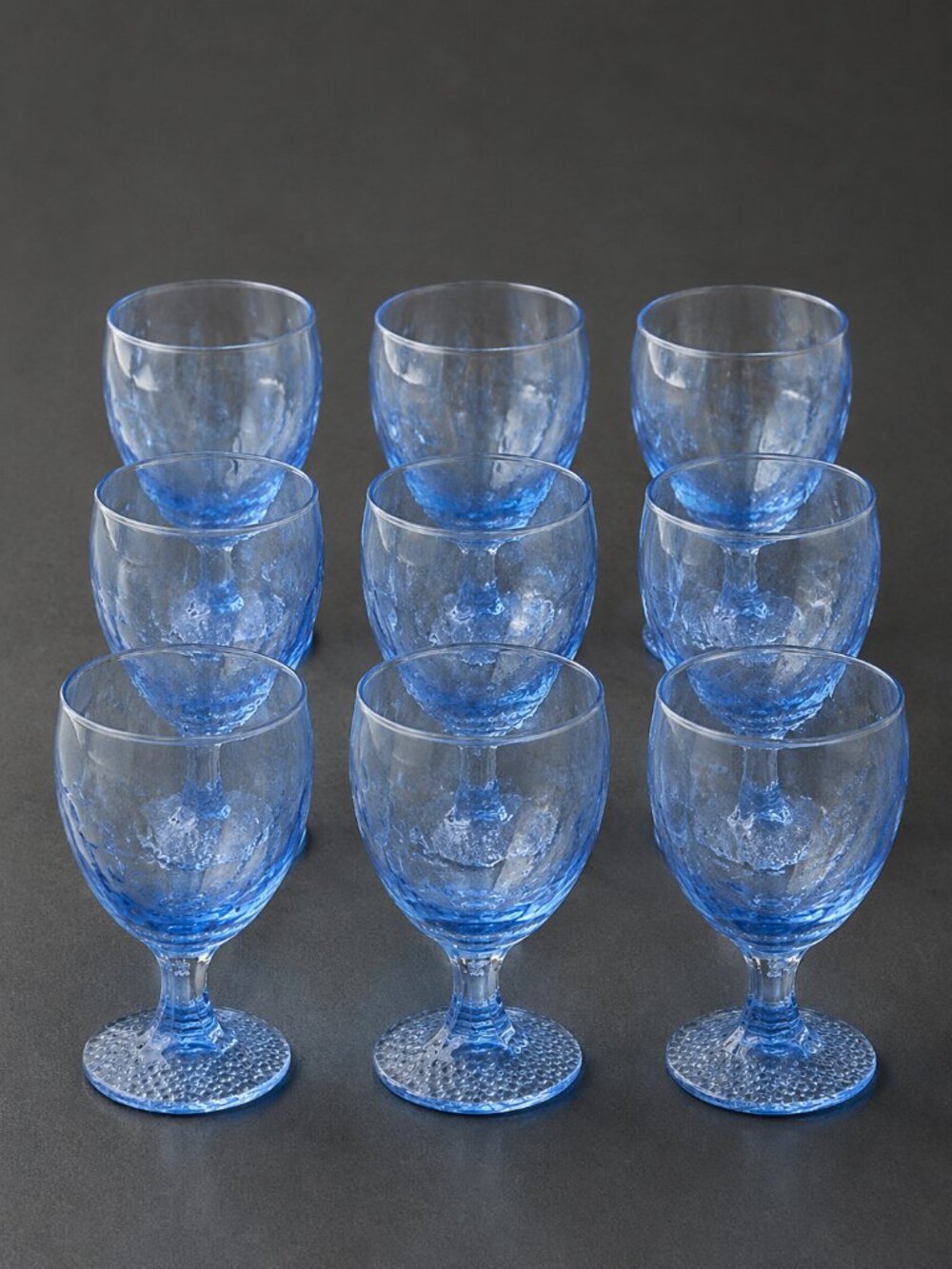 Set of 9 Vintage Blue Textured Goblets Water Wine Glasses Pressed Glass 6.5"